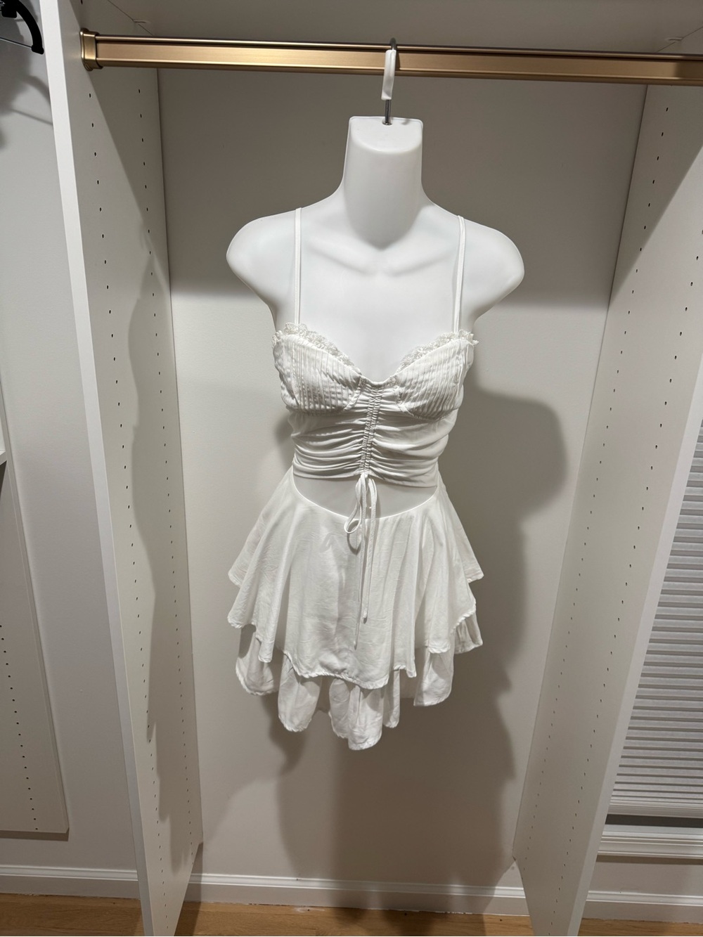 Celleci White Ruched Tiered Romper with Spaghetti Straps